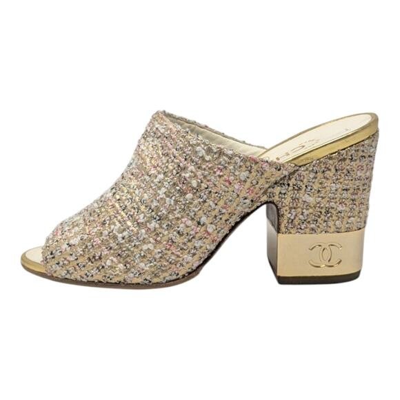 Chanel 2018 mules metallic tweed interlocking CC logo heel slide pumps 37.5 - Picture 1 of 15